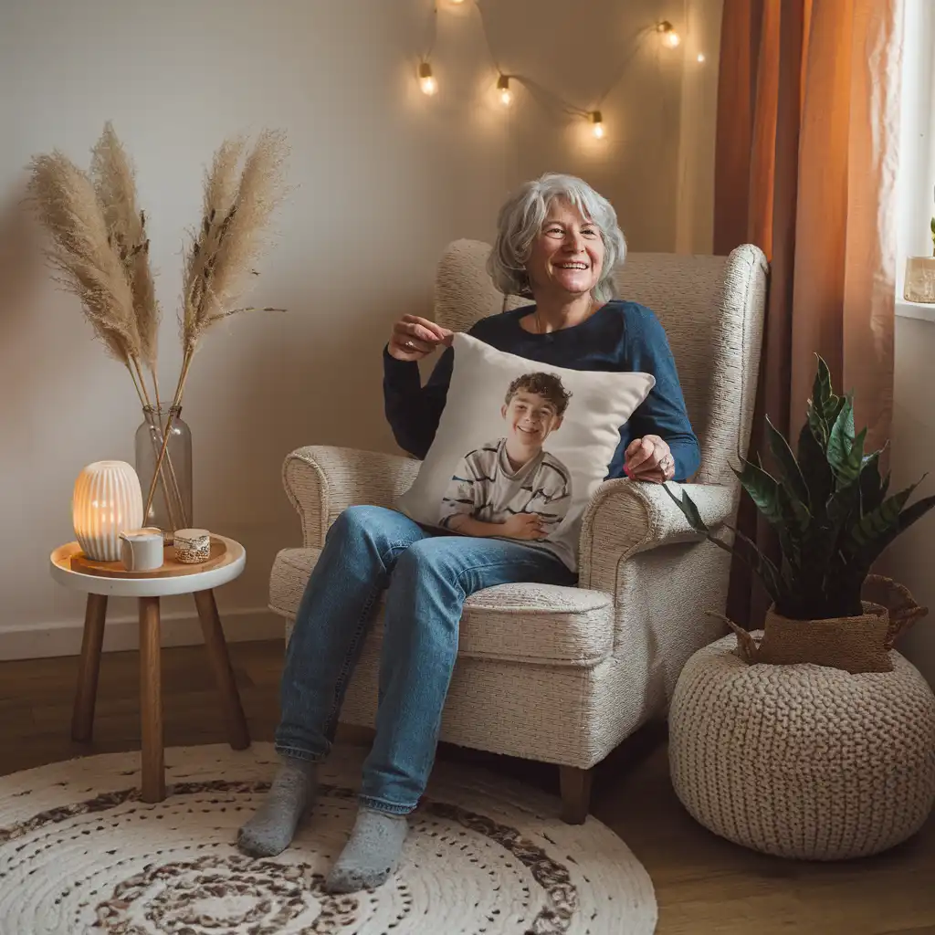 grand-mère et coussin de son petit-fils grand-mère et coussin de son petit-fils