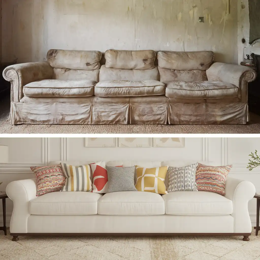 A sofa before and after pillows A sofa before and after pillows