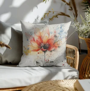 Coussin Fleur rouge légère aquarelle coin canapé rotin