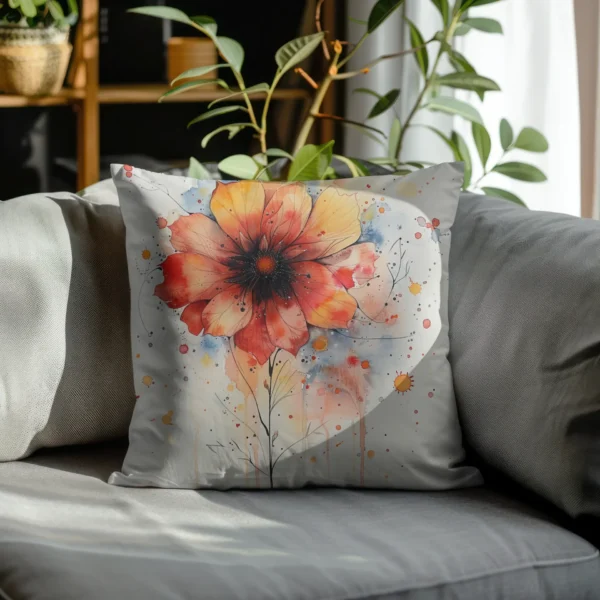 COUSSIN Fleur rouge légère aquarelle coin canapé tissu blanc