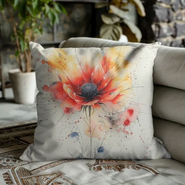 Coussin Fleur rouge légère aquarelle par terre contre dos de canapé