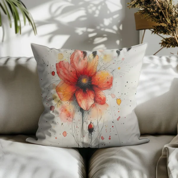 Coussin Fleur rouge légère aquarelle suer centre canapé