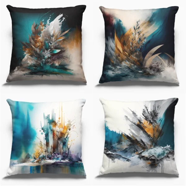 COUSSINS Hiver Abstrait Rouille Turquoise 4 vues