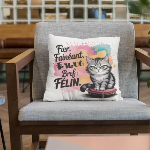 Coussin Chat Insolent Fier Filou dans fauteuil