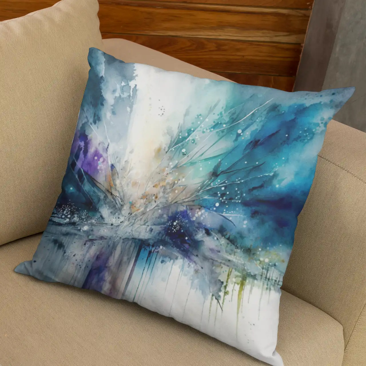 COUSSIN Hiver Abstrait Bleu Glacier fauteuil beige COUSSIN Hiver Abstrait Bleu Glacier fauteuil beige