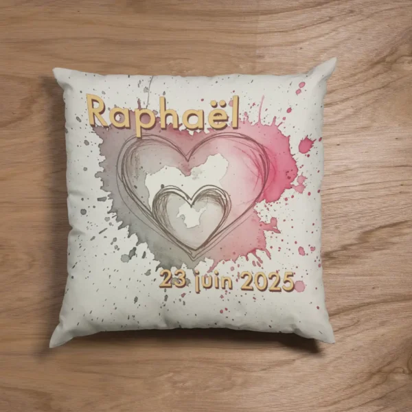 Coussin faire part naissance posé sur le parquet