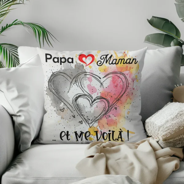 Coussin Papa aime Maman dans un fauteuil