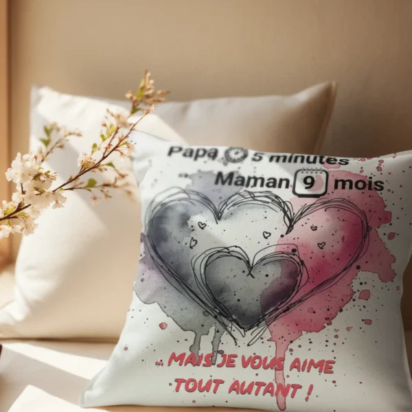 Coussin Humour Grossesse Papa & Maman au soleil sur un canapé