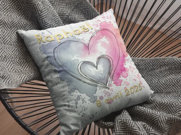 Coussin Naissance Faire part personnalisable fauteuil ficelle
